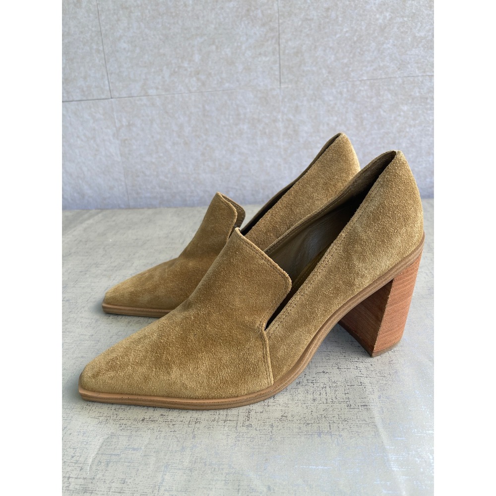 Vince Camuto Wevenly Tan Suede Pointed Toe Block Heel Shooties Pumps 10M Boho